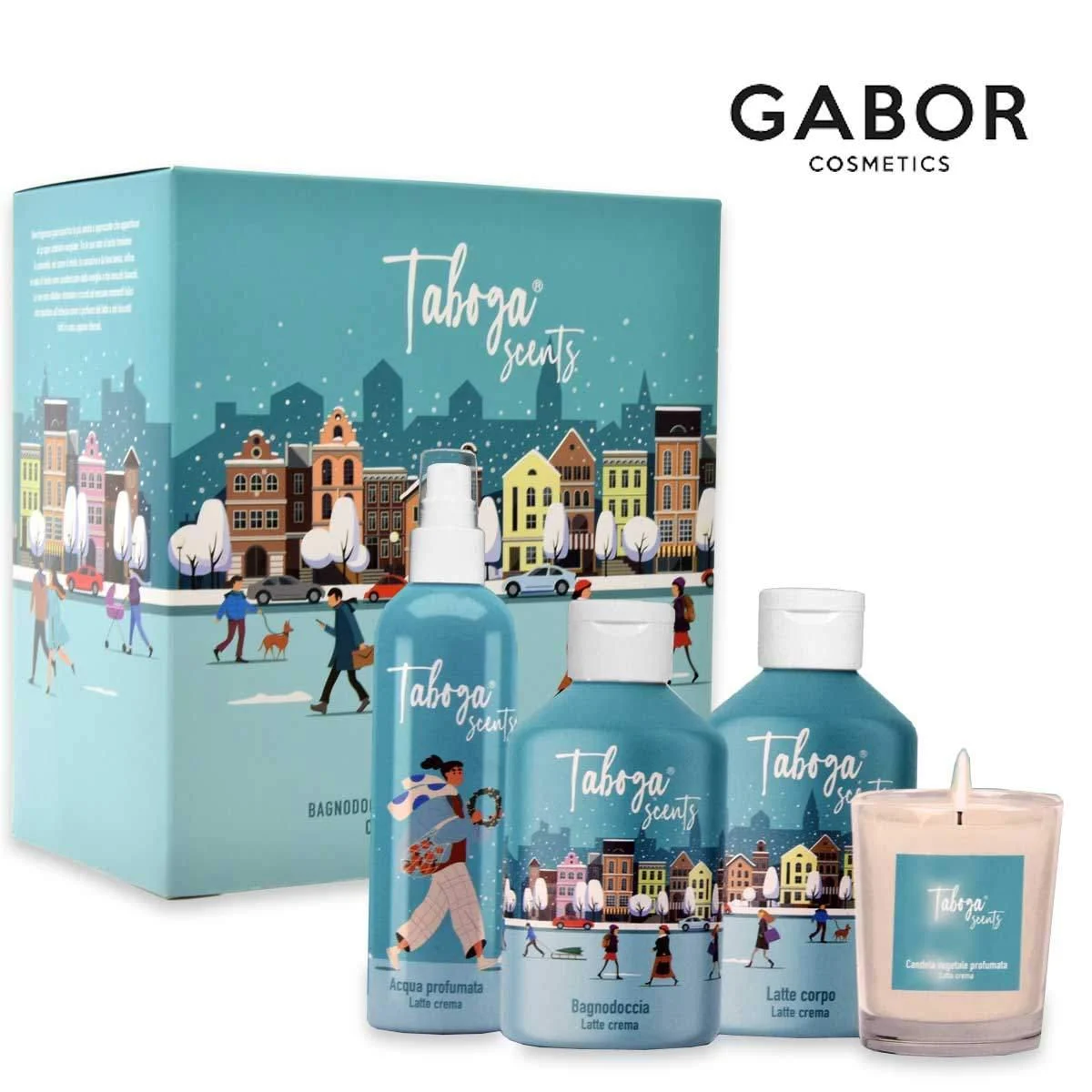 Taboga latte crema b.doccia 280 ml + latte corpo 280 ml + acq profumata 150 ml + candela