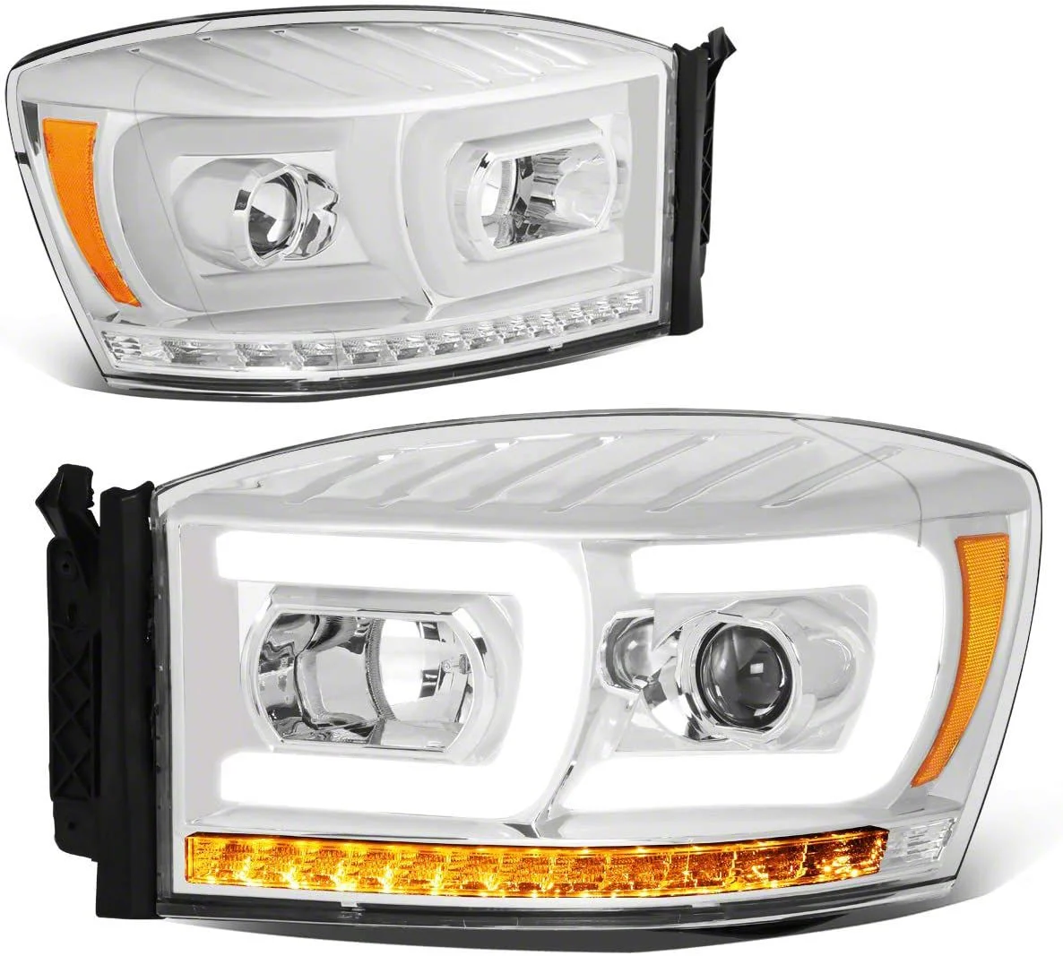 Dual LED DRL Projector Headlight with Amber Corner Lights; Chrome Housing; Clear Lens (06-08 RAM 1500)