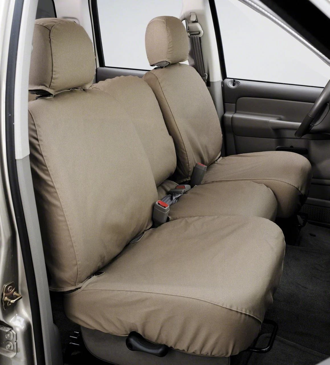 Covercraft Seat Saver Polycotton Custom Front Row Seat Covers; Taupe (19-22 F-350 Super Duty w/ Bench Seat)