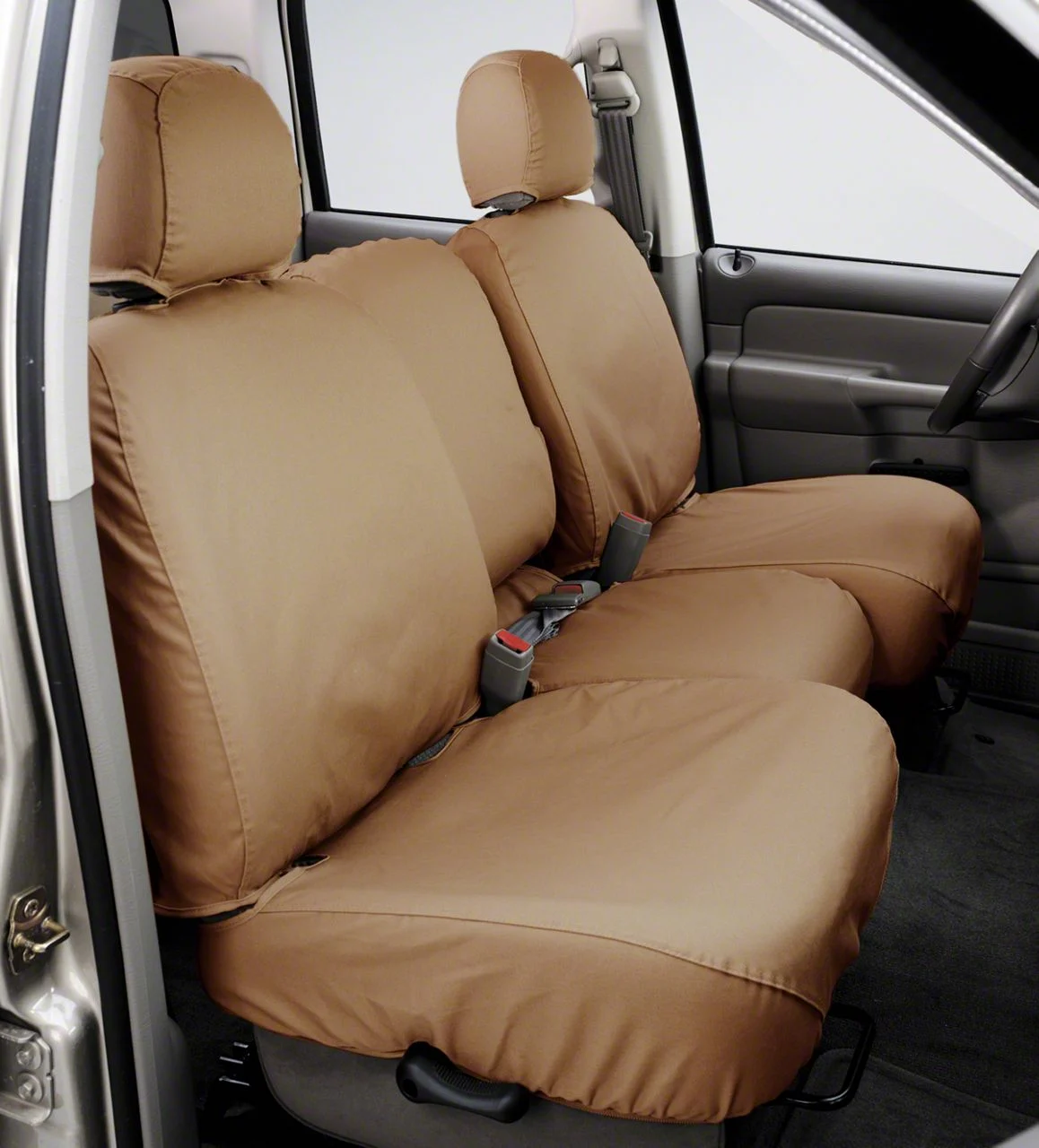 Covercraft Seat Saver Polycotton Custom Second Row Seat Cover; Tan (11-16 F-350 Super Duty SuperCrew w/ Fold-Down Armrest)
