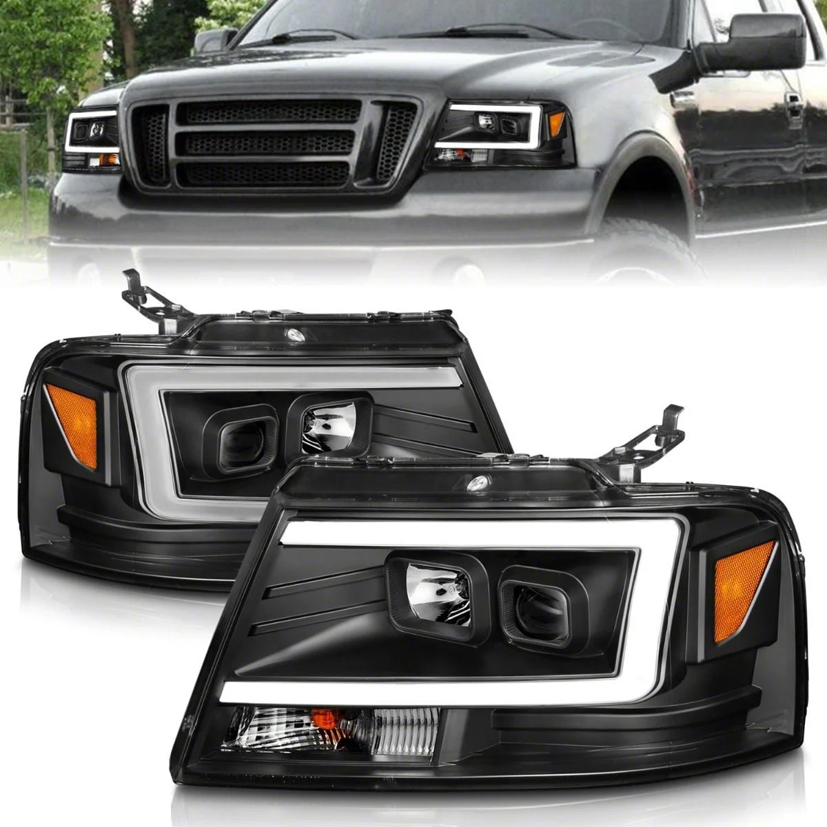 C-Light Bar Projector Headlights; Black Housing; Clear Lens (04-08 F-150)