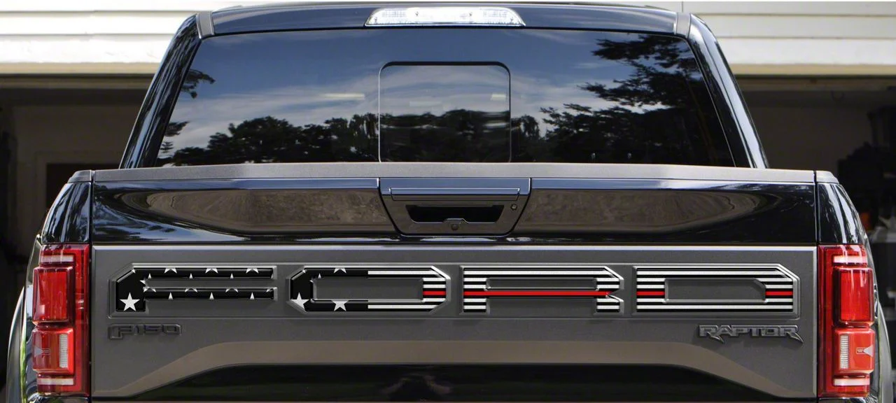 Tailgate Letter Overlays; Black and Silver American Flag with Thin Red Outline (19-20 F-150 Raptor w/ Tailgate Applique)