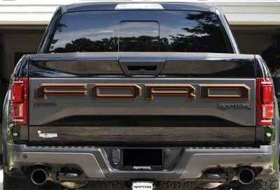 Tailgate Letter Overlays; Domed Carbon Fiber with Orange Outline (19-20 F-150 Raptor w/ Tailgate Applique)
