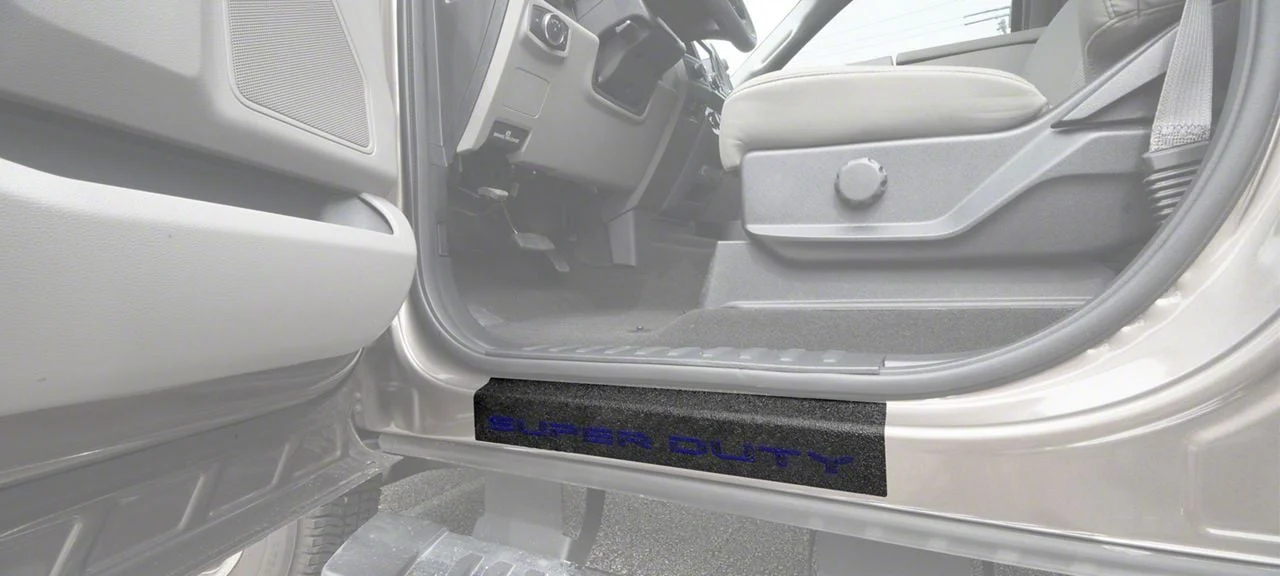 Front Door Sill Protection with Super Duty Logo; TUF-LINER Black; Black and Blue (17-26 F-350 Super Duty)