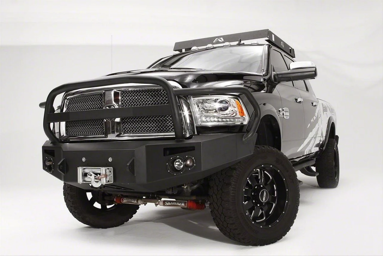 Fab Fours Premium Winch Front Bumper with Full Guard; Pre-Drilled for Front Parking Sensors; Matte Black (13-18 RAM 1500, Excluding Rebel)