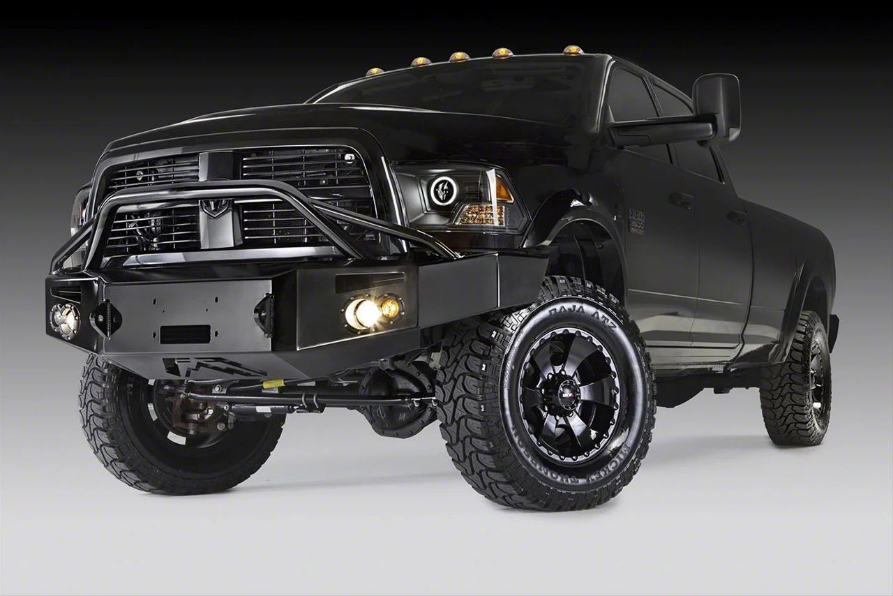 Fab Fours Premium Winch Front Bumper with Pre-Runner Guard; Pre-Drilled for Front Parking Sensors; Bare Steel (13-18 RAM 1500, Excluding Rebel)