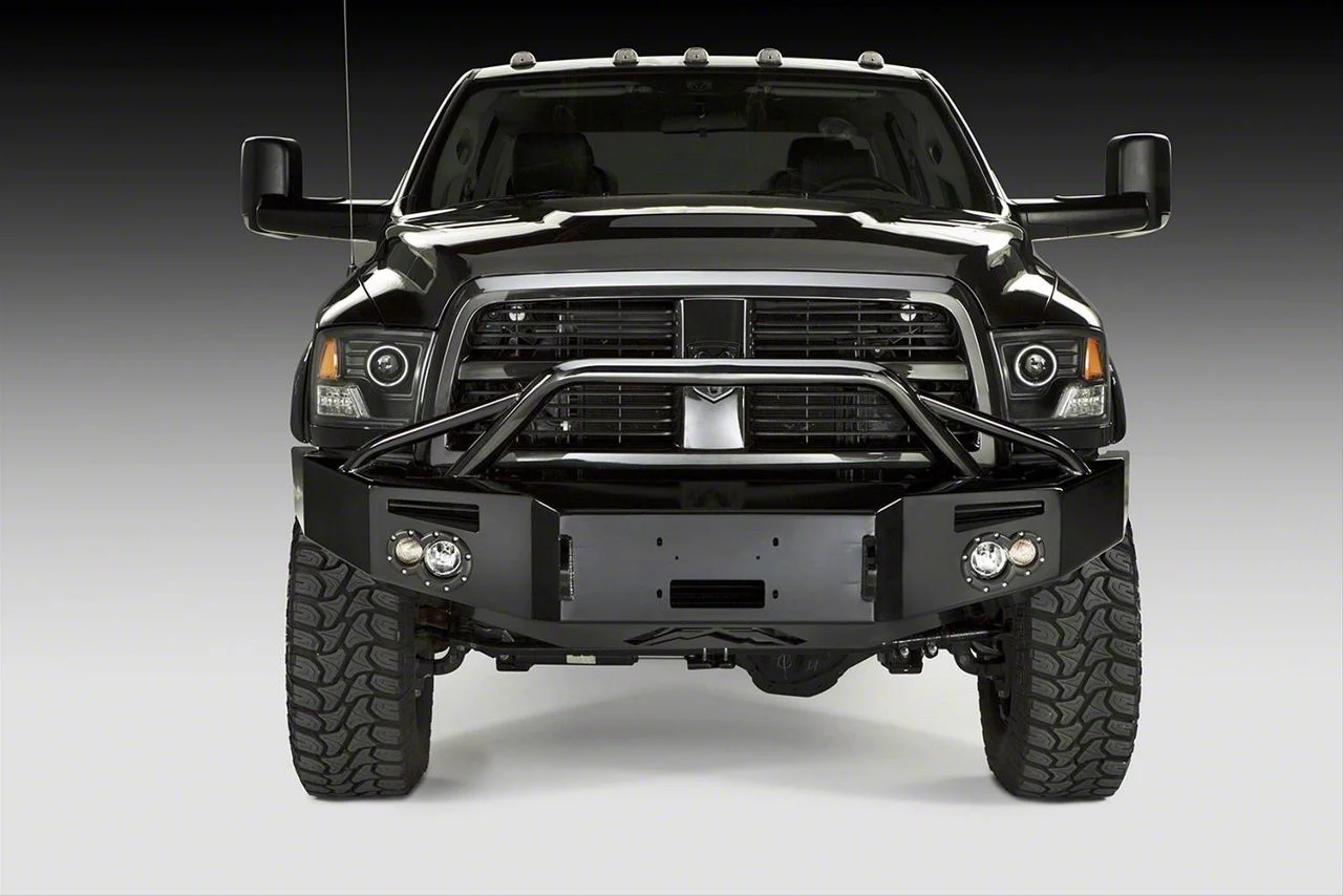 Fab Fours Premium Winch Front Bumper with Pre-Runner Guard; Pre-Drilled for Front Parking Sensors; Matte Black (13-18 RAM 1500, Excluding Rebel)