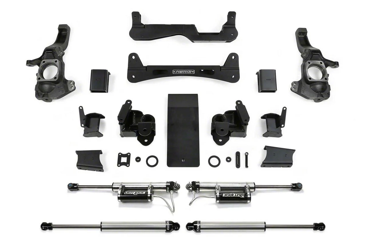 Fabtech 6-Inch Raised Torsion Suspension Lift Kit with Front Dirt Logic 2.25 Reservoir Shocks and Rear Dirt Logic 2.25 Shocks (20-26 4WD 6.6L Duramax Sierra 2500 HD Double Cab, Crew Cab)