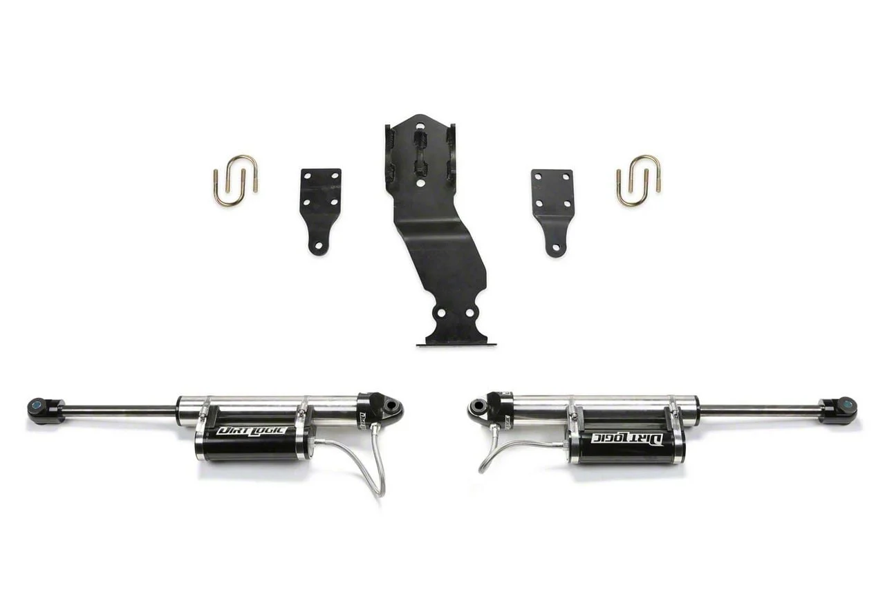 Fabtech Dual Dirt Logic Reservoir Steering Stabilizer for 4-Inch Lift; Opposing Style (17-26 4WD F-250 Super Duty)
