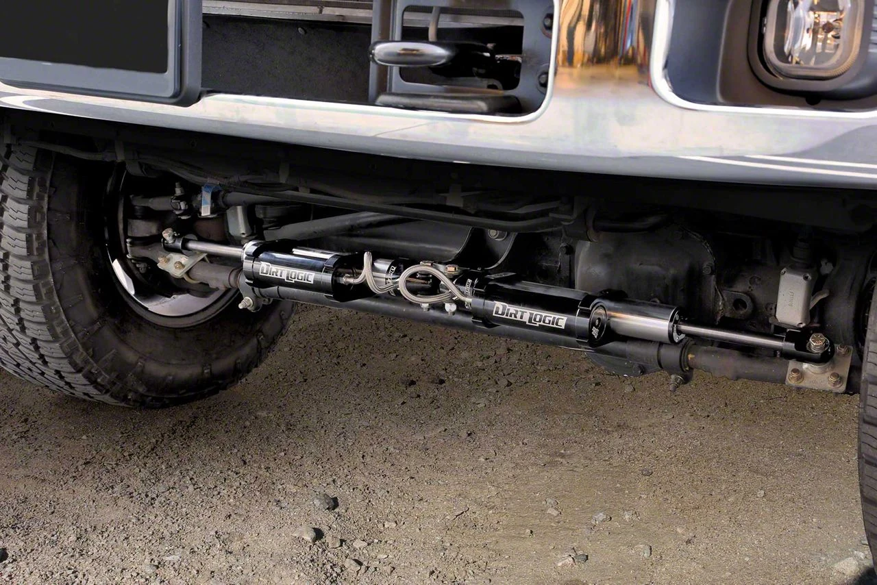 Fabtech Dual Dirt Logic Reservoir Steering Stabilizer for 6 to 8-Inch Lift; Opposing Style (11-26 4WD F-250 Super Duty)