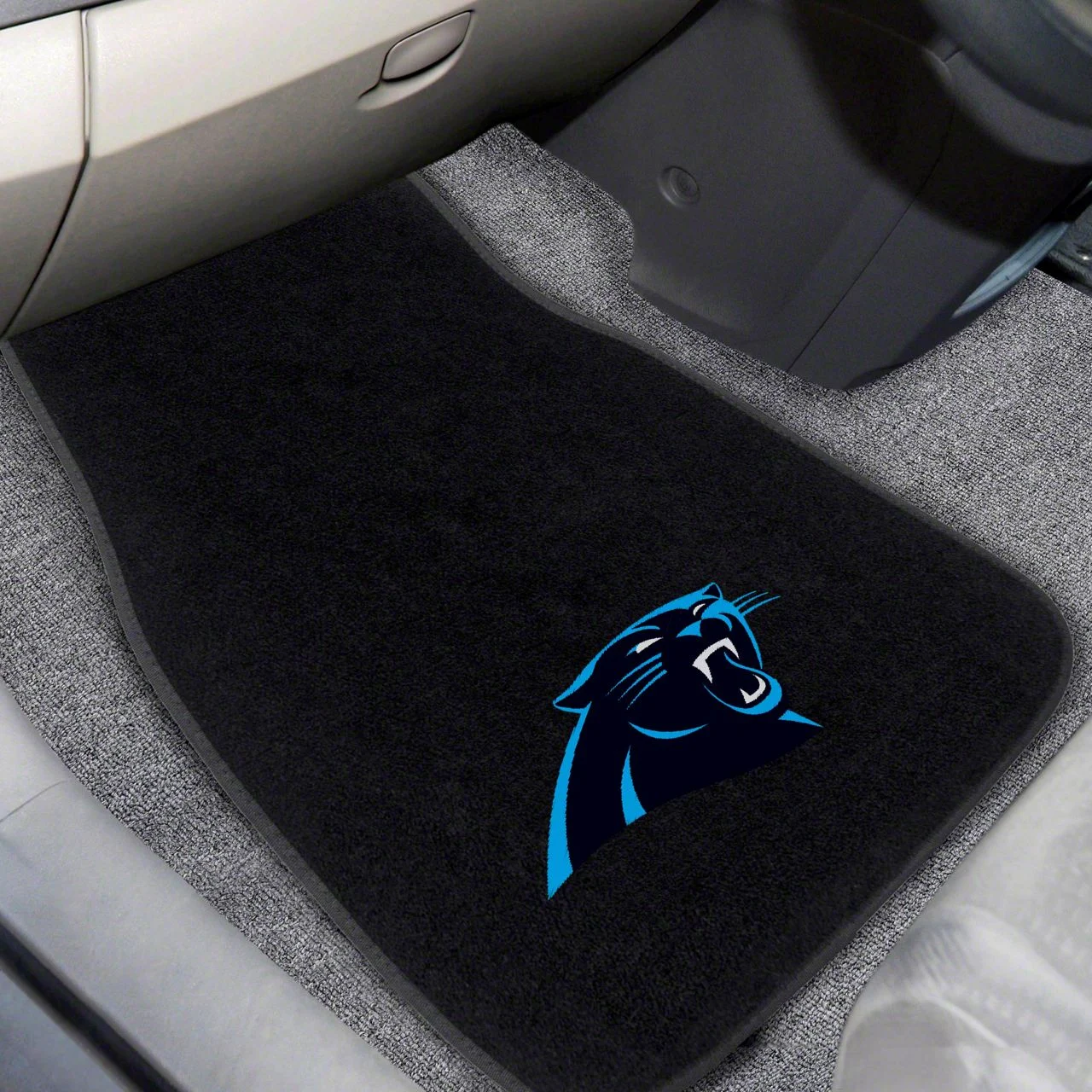 Embroidered Front Floor Mats with Carolina Panthers Logo; Black (Universal; Some Adaptation May Be Required)