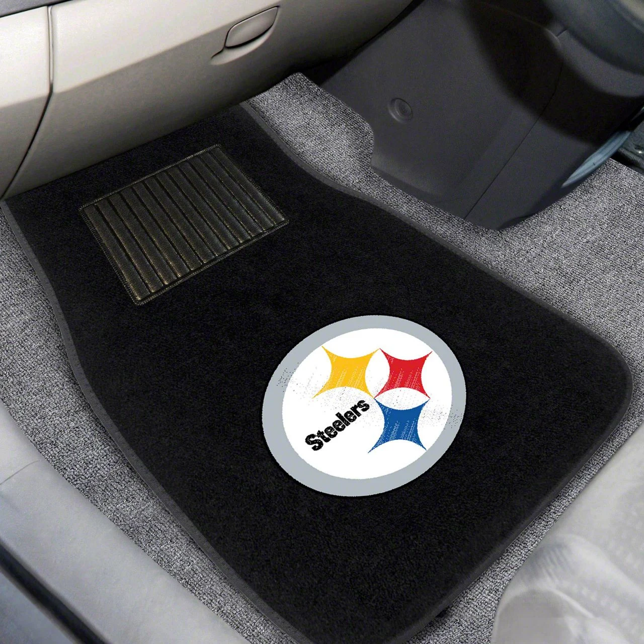 Embroidered Front Floor Mats with Pittsburgh Steelers Logo; Black (Universal; Some Adaptation May Be Required)