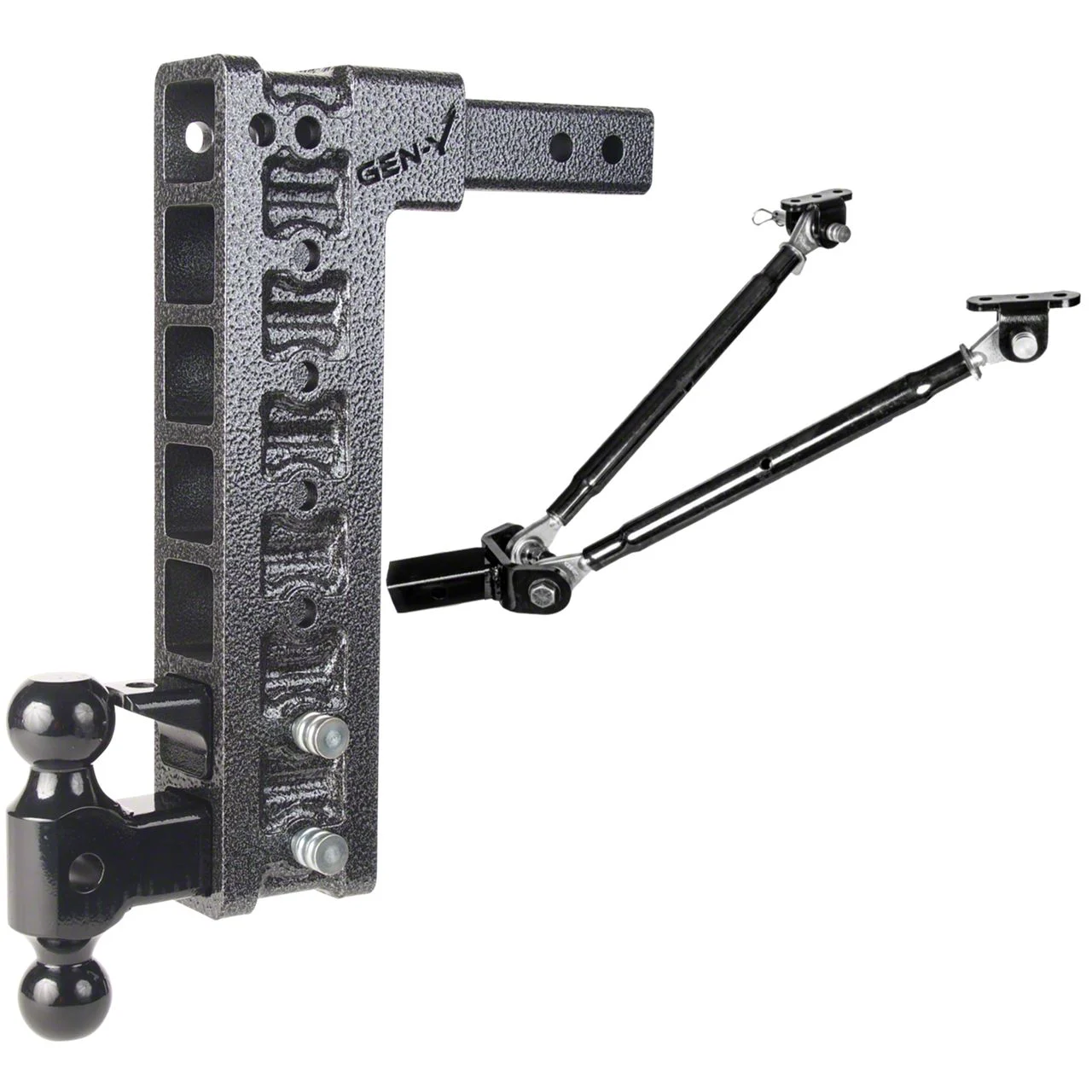 Gen-Y Hitch Mega-Duty 16K Adjustable 2-Inch Receiver Hitch Dual-Ball Mount with Pintle Lock and Stabilizer Bars; 15-Inch Drop (Universal; Some Adaptation May Be Required)