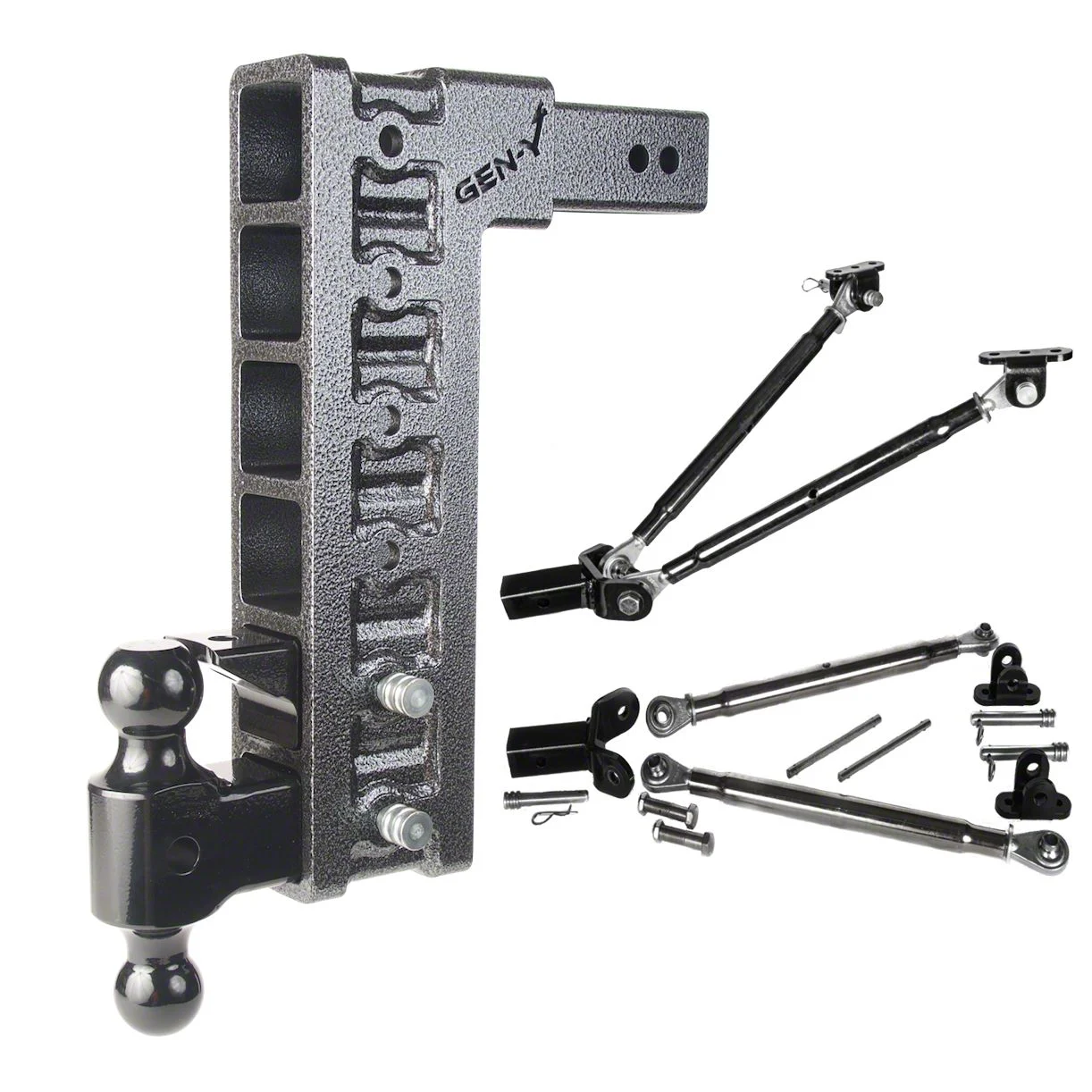Gen-Y Hitch Mega-Duty 21K Adjustable 2.50-Inch Receiver Hitch Dual-Ball Mount with Pintle Lock and Stabilizer Bars; 15-Inch Drop (Universal; Some Adaptation May Be Required)