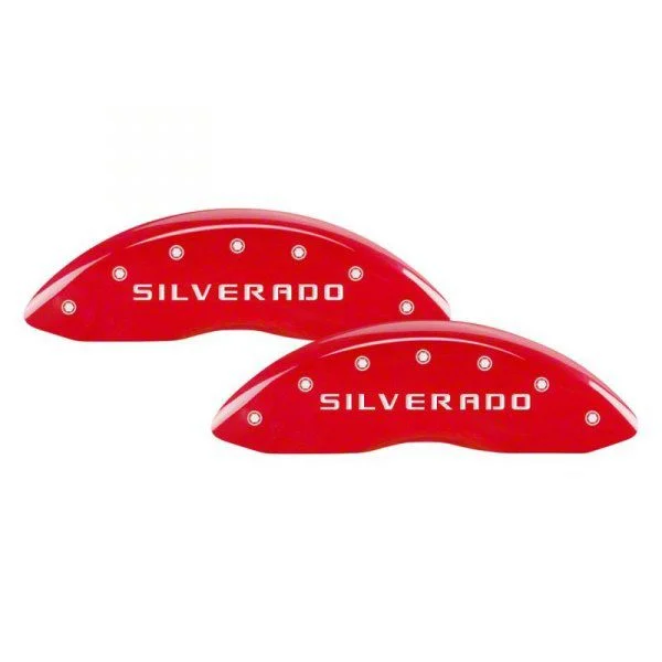 MGP Brake Caliper Covers with Silverado Logo; Red; Front and Rear (20-26 Silverado 2500 HD)