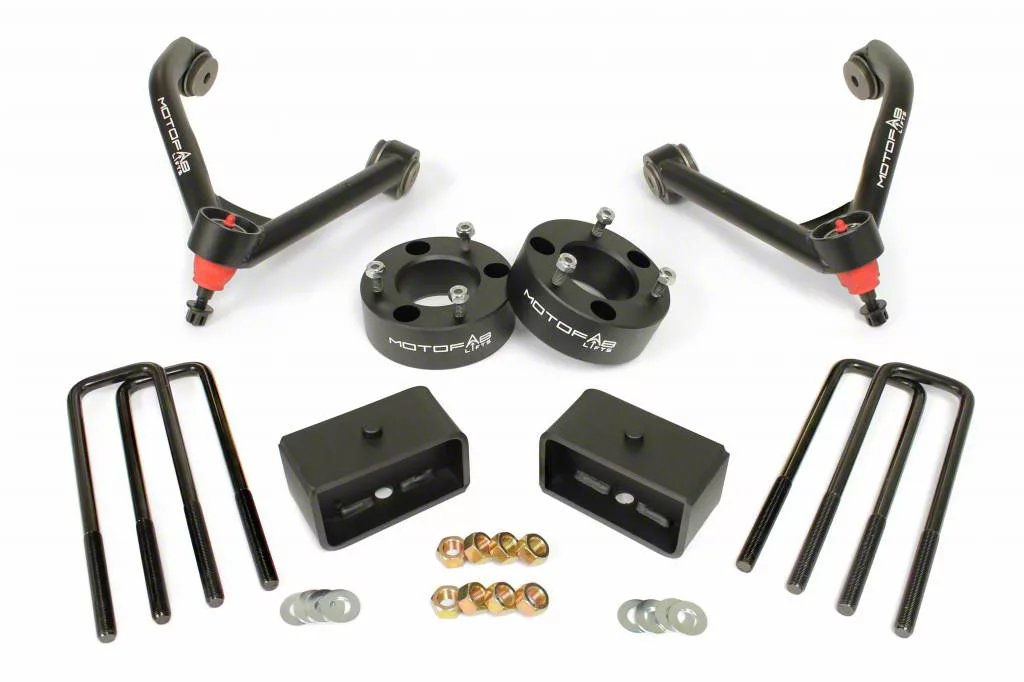 MotoFab 3-Inch Front / 2-Inch Rear Leveling Kit with Upper Control Arms (17-18 Silverado 1500)
