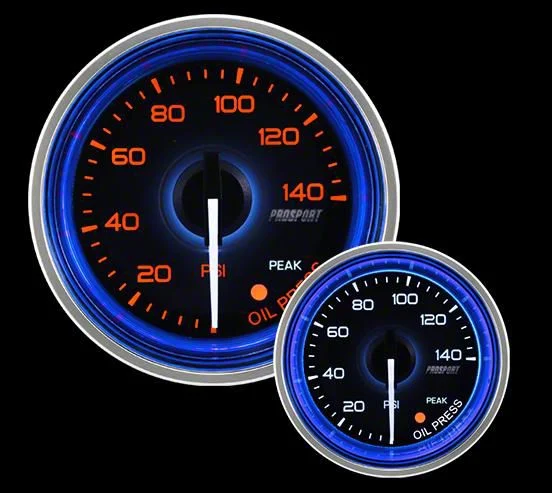 Prosport 52mm Crystal Blue Series Oil Pressure Gauge; Electrical; Amber/White with Blue Halo Ring (Universal; Some Adaptation May Be Required)