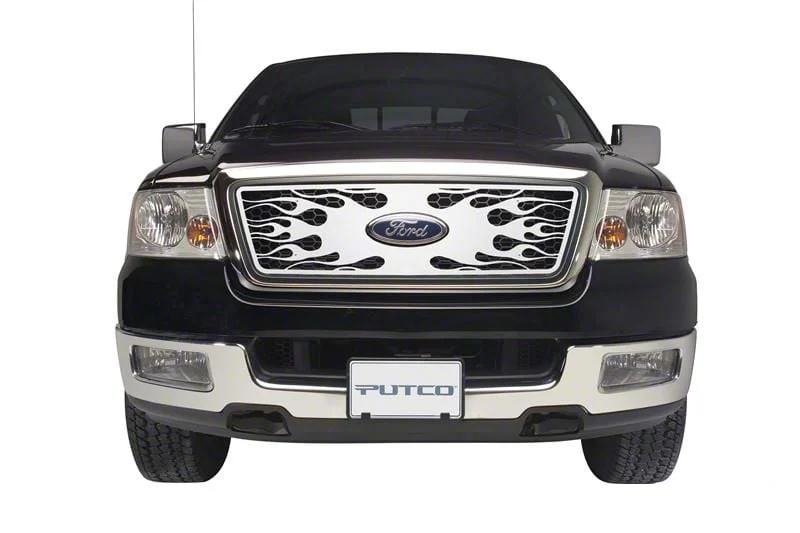Putco Flaming Inferno Upper Overlay Grille with Emblem Cutout; Polished (04-08 F-150 XL, XLT, Lariat)