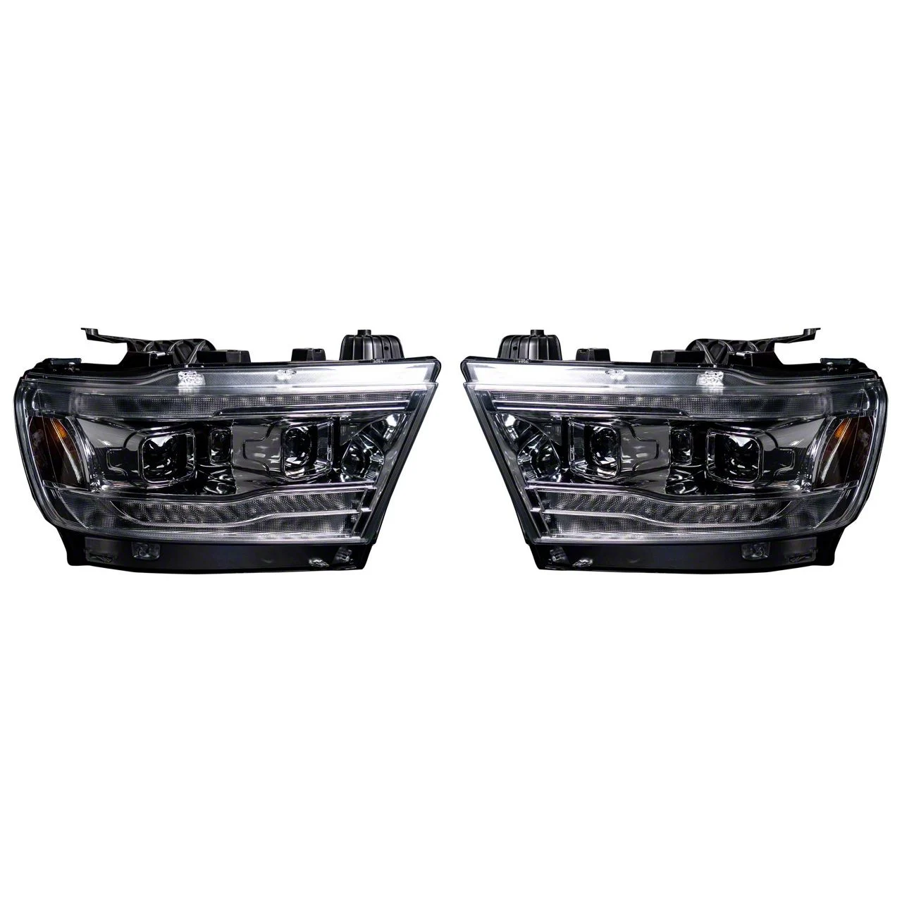 OLED DRL and Scanning Switchback Projector Headlights; Chrome Housing; Clear Lens (19-24 RAM 1500 w/ Factory Halogen Headlights)