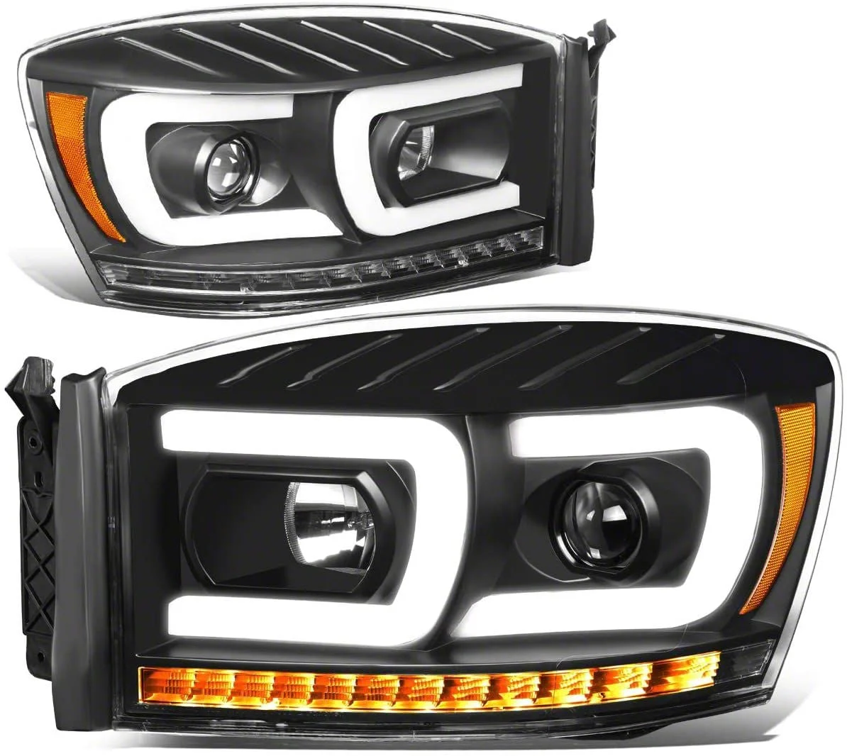 Dual LED DRL Projector Headlight with Amber Corner Lights; Black Housing; Clear Lens (06-09 RAM 2500)