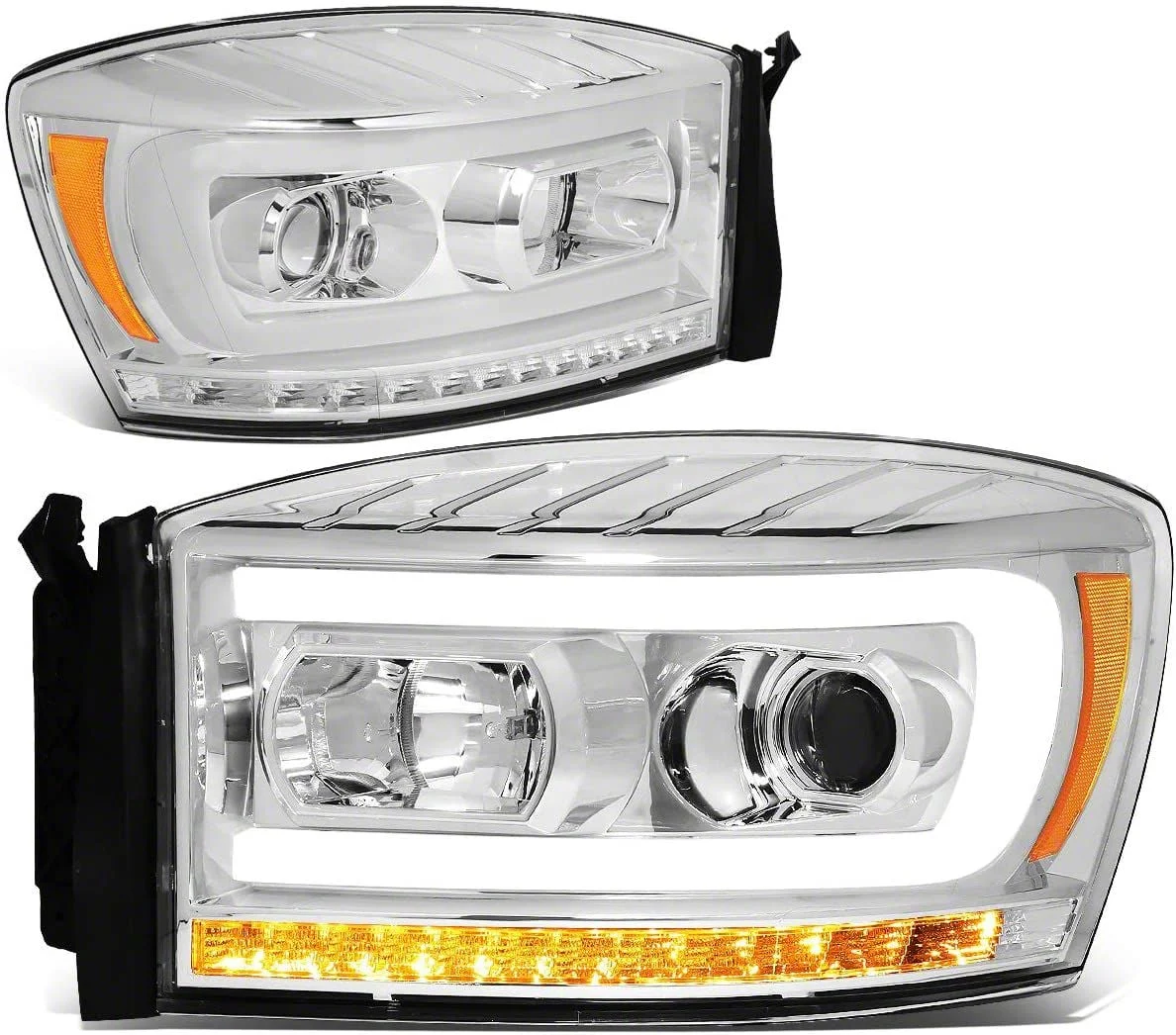 LED DRL Projector Headlights with Amber Corner Lights; Chrome Housing; Smoked Lens (06-09 RAM 3500 w/ Factory Halogen Headlights)