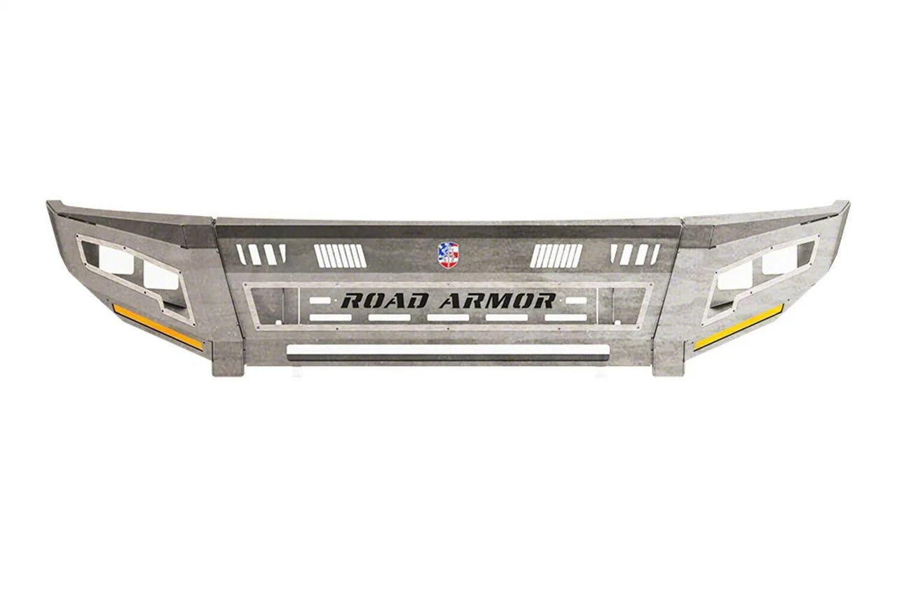 Road Armor iDentity Beauty Ring Front Bumper with Smooth Center Section, Standard End Pods, X2 Cube Light Pods and Accent Lights; Raw Steel (17-22 F-350 Super Duty)
