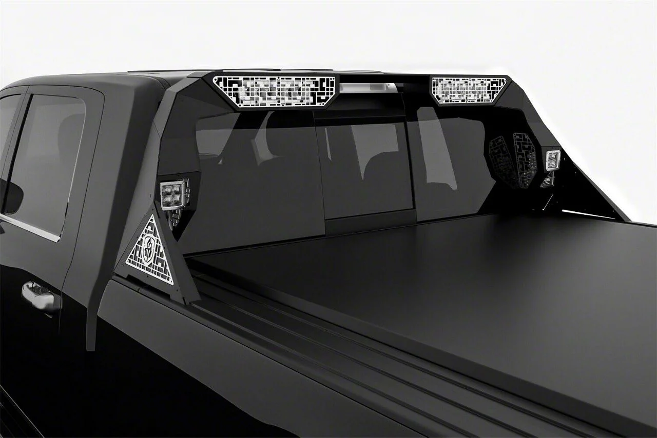 Road Armor iDentity id Mesh Headache Rack with Bedrail Pods and Dual 10-Inch Center Light Pod with Third Brake Light Relief; Raw Steel (09-18 RAM 1500 w/o RAM Box)
