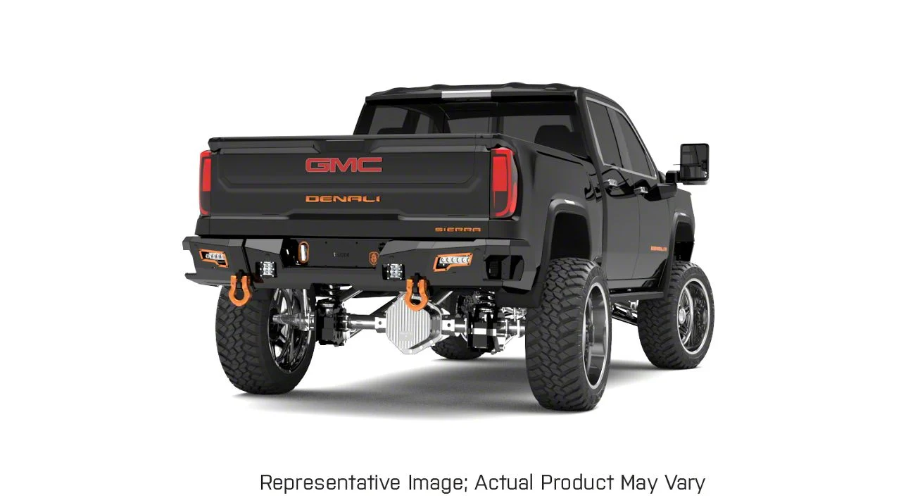 Road Armor iDentity Beauty Ring Rear Bumper with Shackle End Pods and Accent Lights; Raw Steel (19-26 RAM 3500)