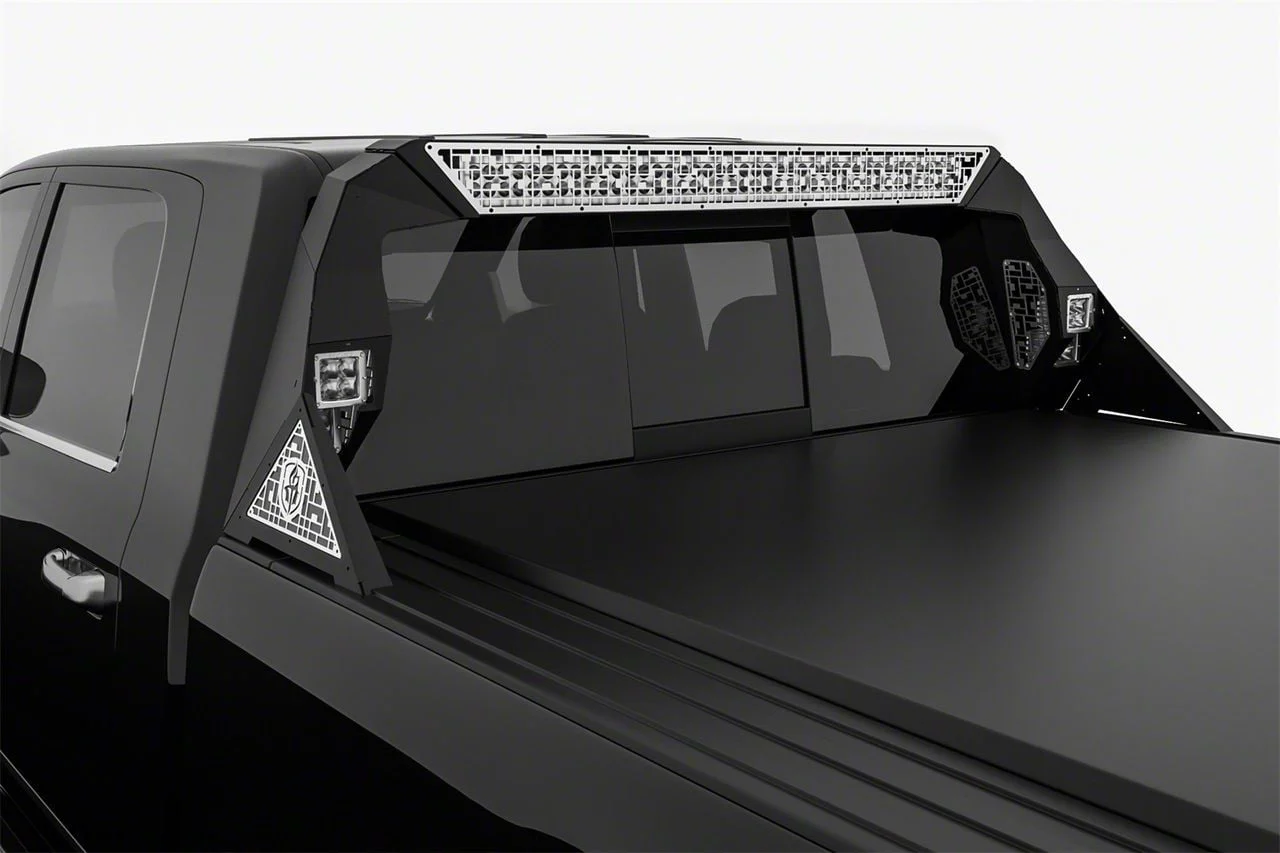 Road Armor iDentity Headache Rack with Bedrail Pods and Double Cube Light Pods; Raw Steel (10-18 RAM 3500 w/o RAM Box)