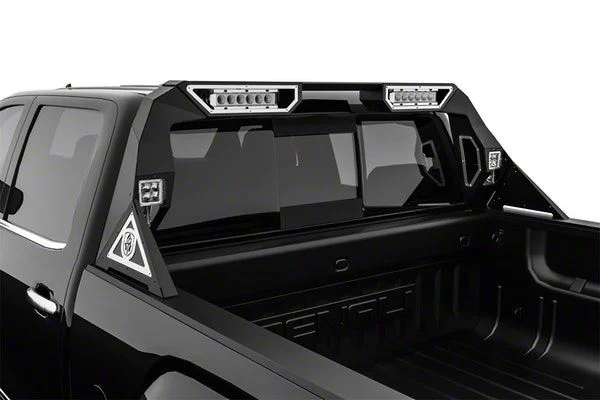 Road Armor iDentity Beauty Ring Headache Rack with Bedrail Pods and Dual 10-Inch Center Light Pod with Third Brake Light Relief; Raw Steel (14-18 Silverado 1500)