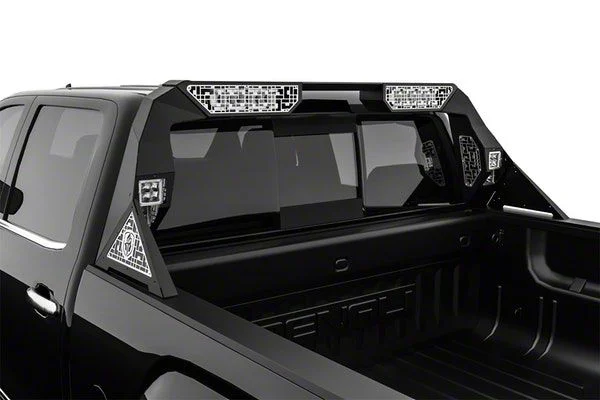 Road Armor iDentity id Mesh Headache Rack with Bedrail Pods and Dual 10-Inch Center Light Pod with Third Brake Light Relief; Raw Steel (14-18 Silverado 1500)