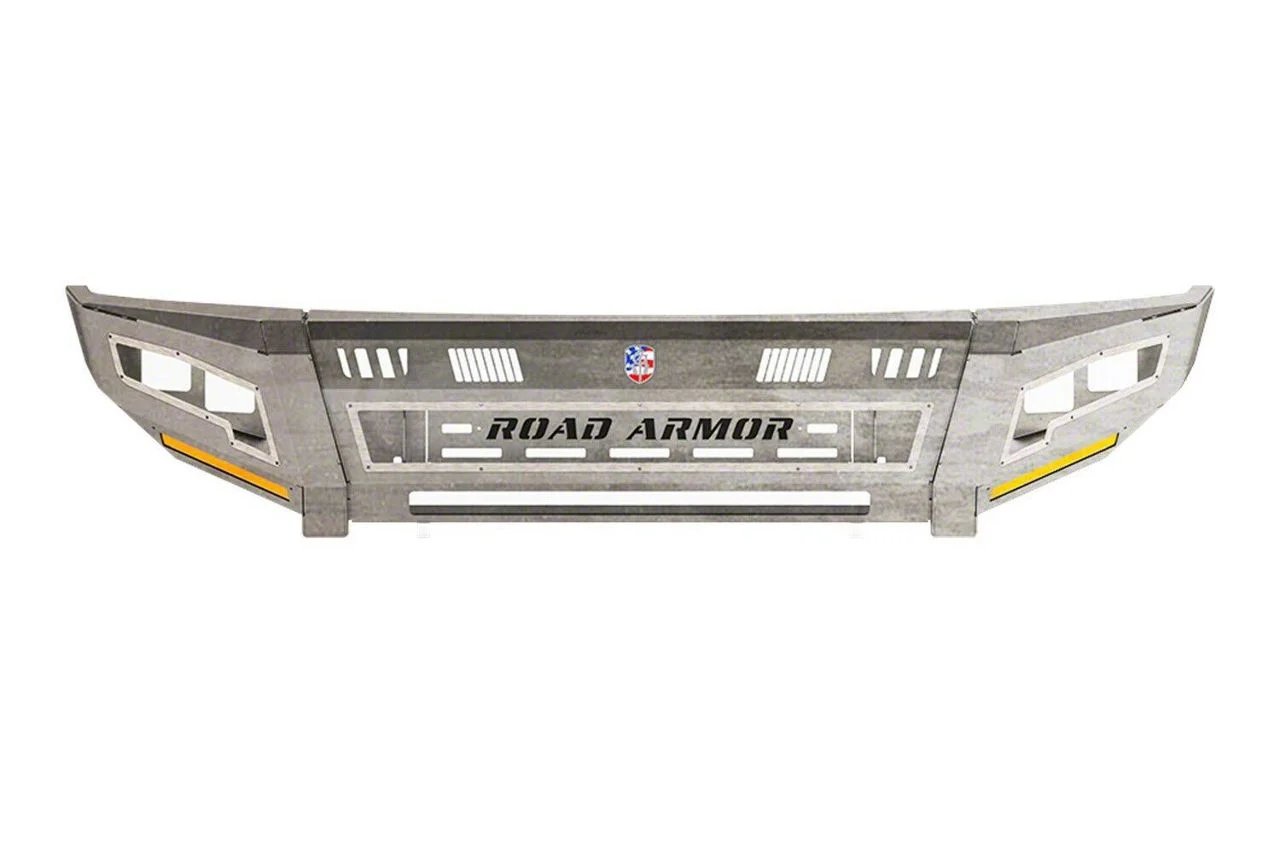 Road Armor iDentity Beauty Ring Front Bumper with Smooth Center Section, Standard End Pods, X2 Cube Light Pods and Accent Lights; Raw Steel (15-19 Silverado 2500 HD)