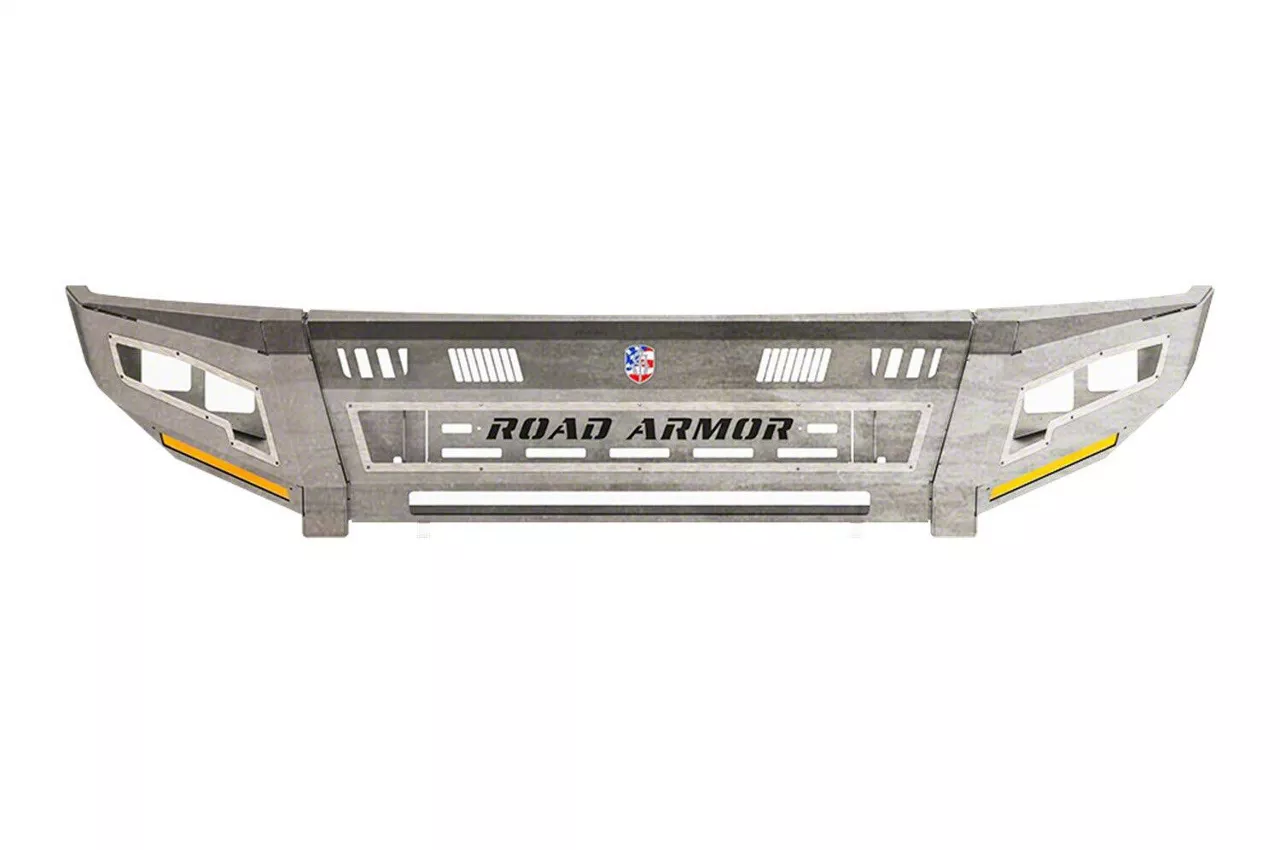 Road Armor iDentity Beauty Ring Front Bumper with Smooth Center Section, Standard End Pods, X2 Cube Light Pods and Accent Lights; Raw Steel (15-19 Silverado 3500 HD)