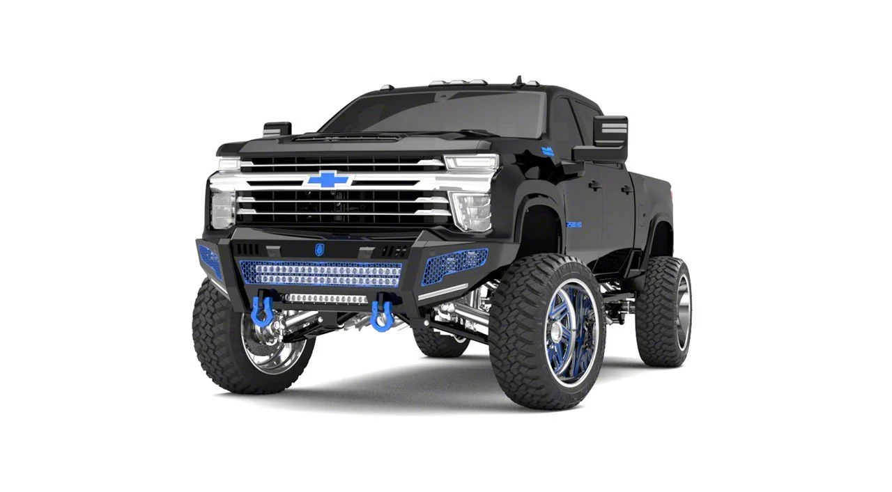 Road Armor iDentity Hyve Mesh Front Bumper with Shackles, Double Cube Light Pods; Raw Steel (20-23 Silverado 3500 HD)