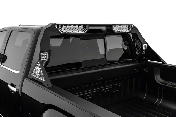 Road Armor iDentity Hyve Mesh Headache Rack with Bedrail Pods and Dual 10-Inch Center Light Pod with Third Brake Light Relief; Raw Steel (15-19 Silverado 3500 HD)