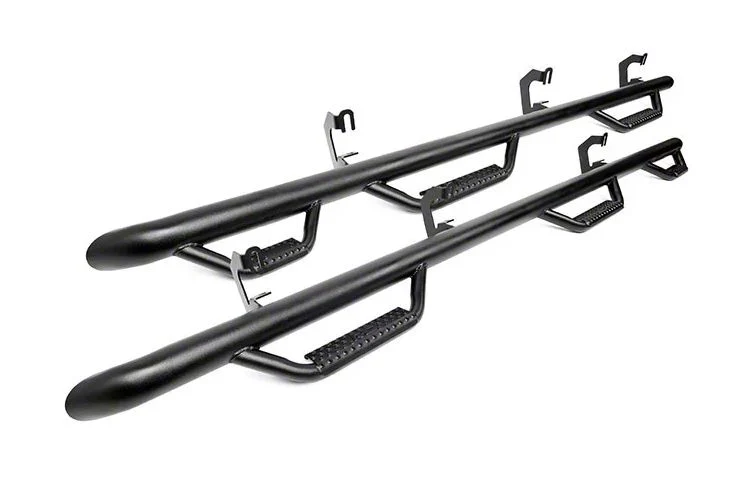 Rough Country Wheel to Wheel Nerf Side Step Bars with Bed Access; Black (14-18 Sierra 1500 Crew Cab w/ 5.80-Foot Short Box)