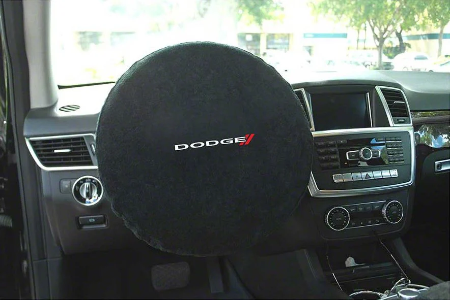Steering Wheel Cover with Dodge Two Red Slashes Logo; Black (Universal; Some Adaptation May Be Required)