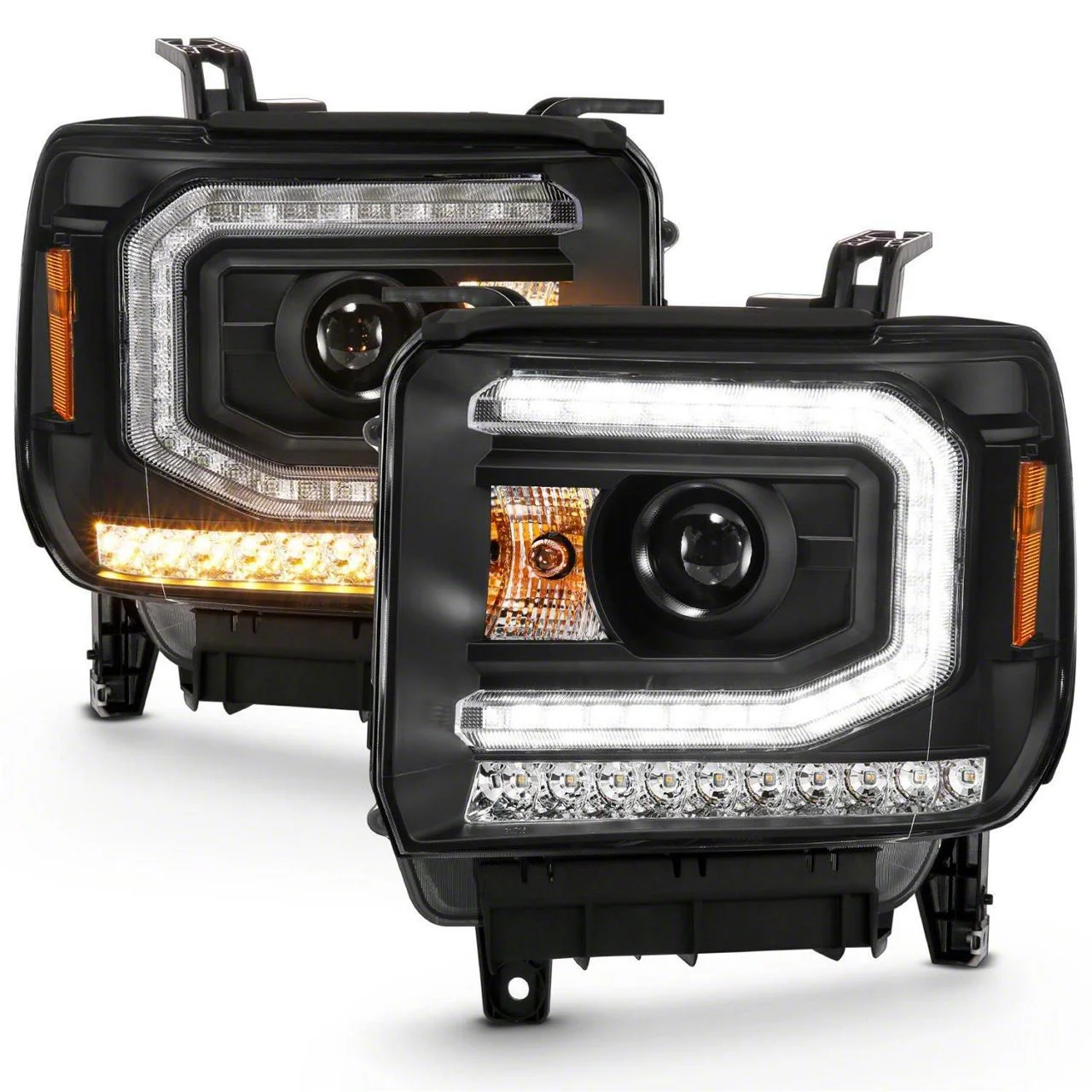 Plank Style Projector Headlights with Sequential Turn Signals; Black Housing; Clear Lens (16-18 Sierra 1500 w/ Factory HID Headlights)