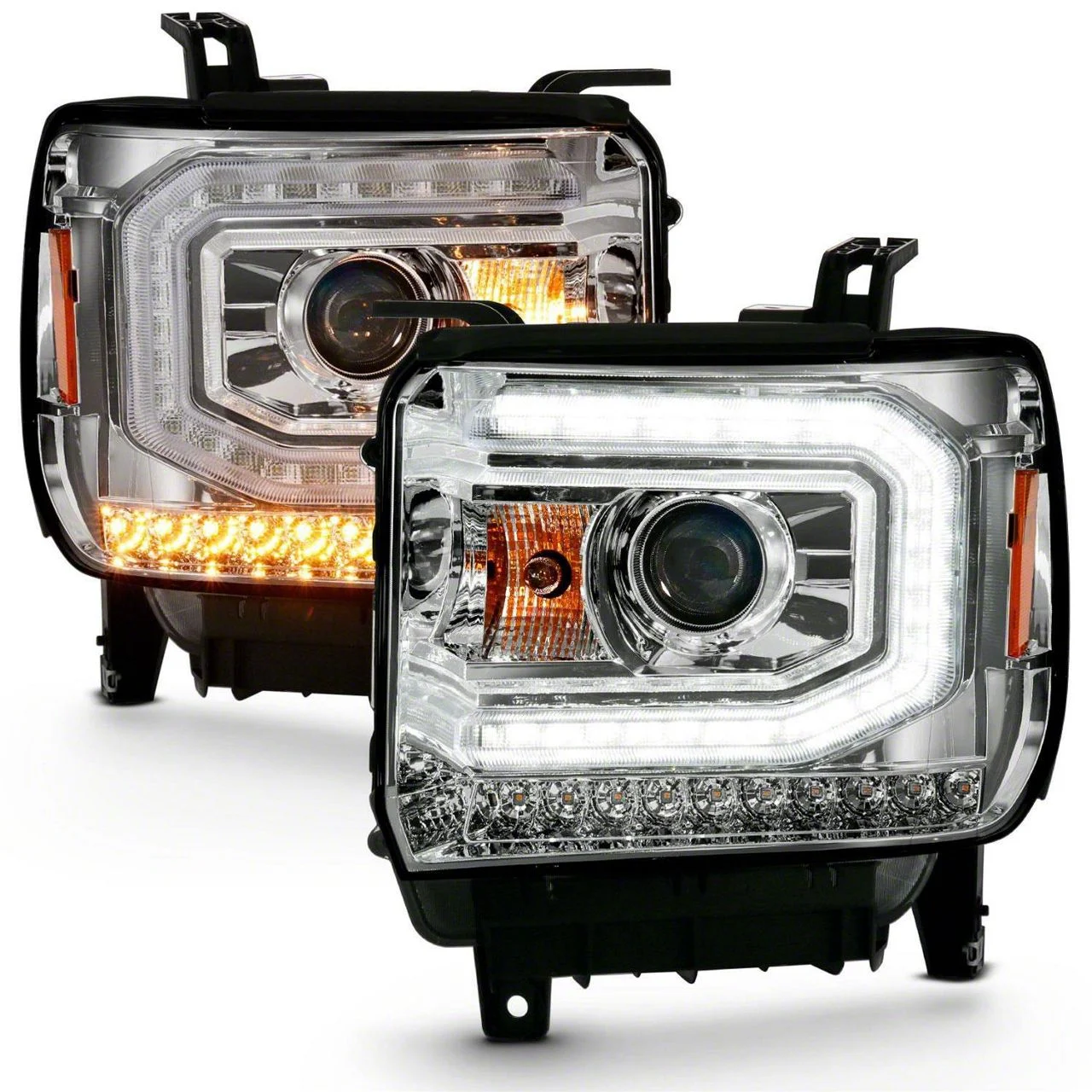 Plank Style Projector Headlights with Sequential Turn Signals; Chrome Housing; Clear Lens (16-18 Sierra 1500 w/ Factory HID Headlights)