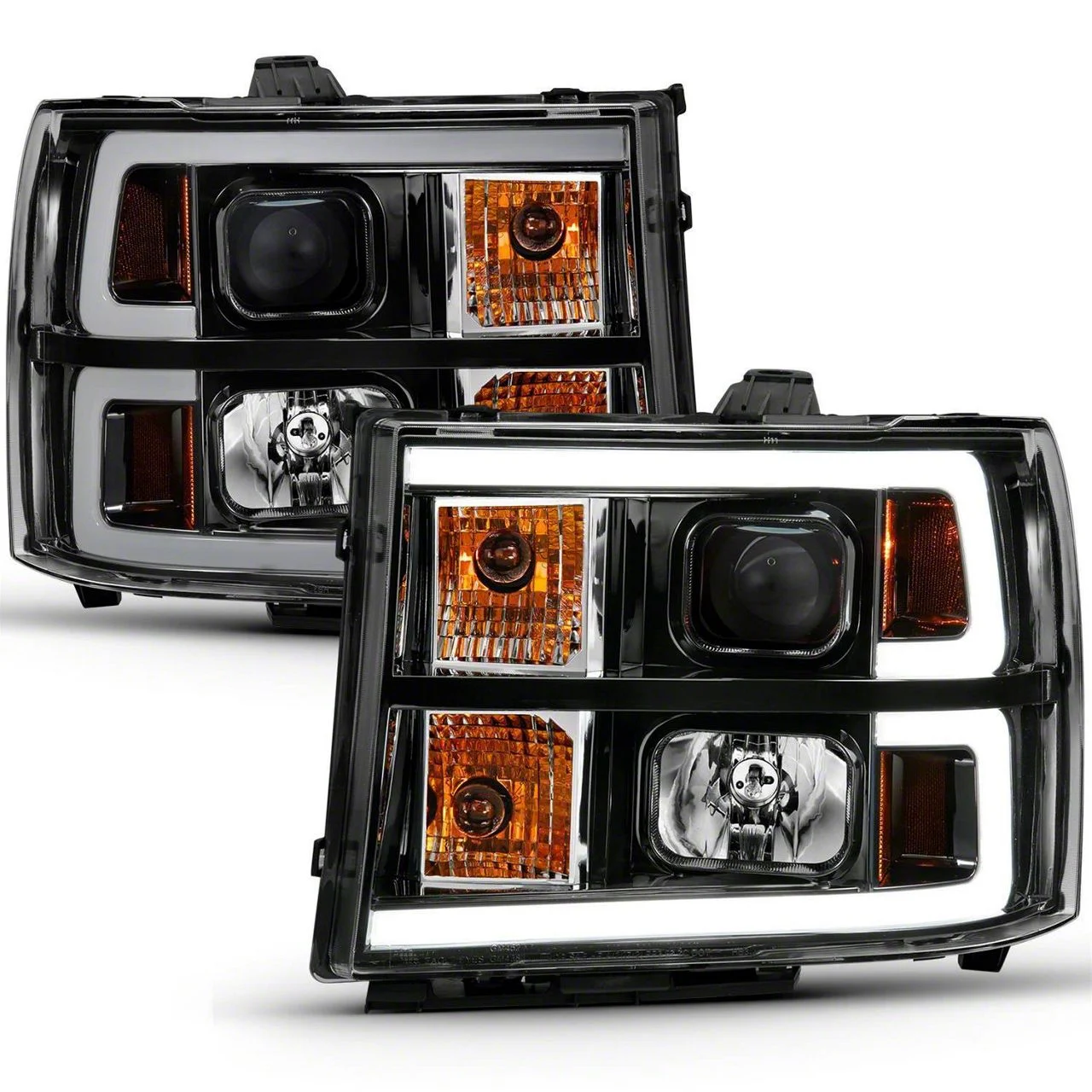 Plank Style Projector Headlights; Black Housing; Clear Lens (07-14 Sierra 2500 HD)