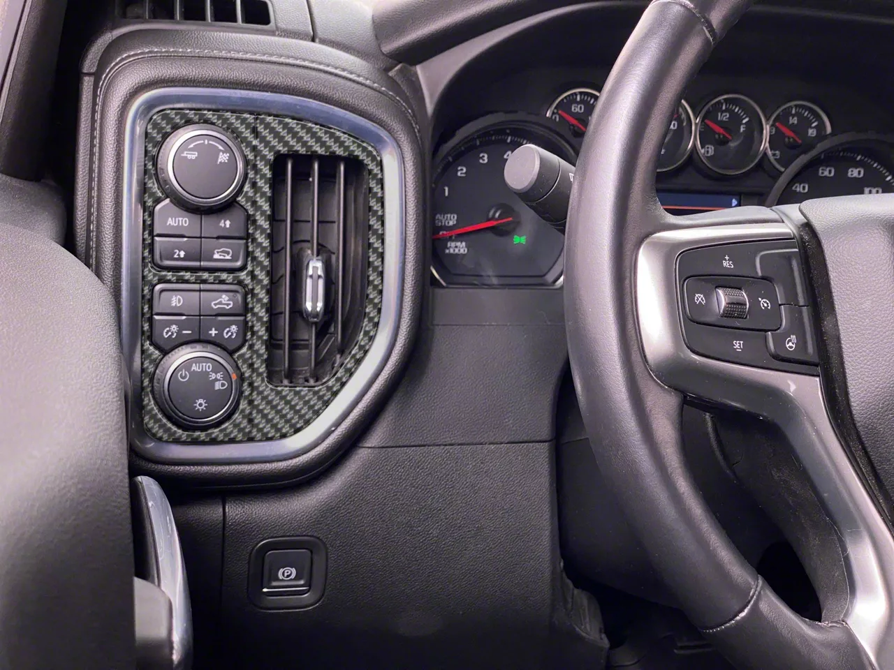 A/C Vent and Headlight Control Accent Trim; Domed Carbon Fiber (19-26 Silverado 1500)