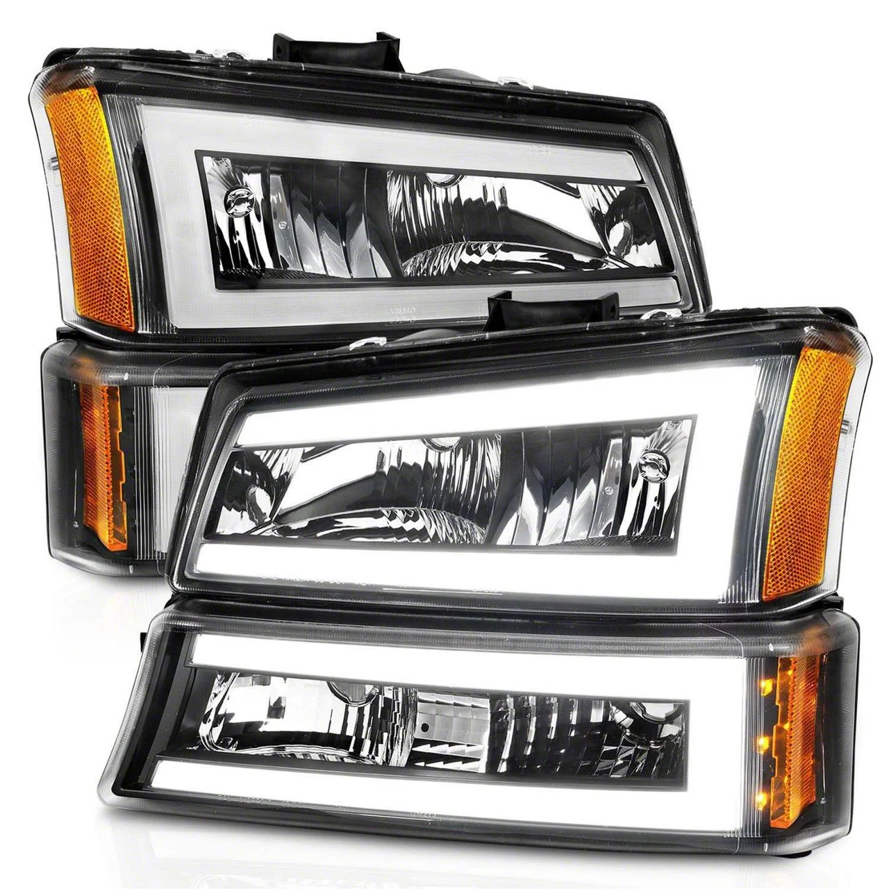 C-Light Bar Style Crystal Headlights; Black Housing; Clear Lens (03-06 Silverado 1500)
