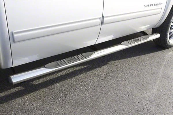 4-Inch Oval Straight Nerf Side Step Bars; Polished Stainless (19-26 Silverado 1500 Crew Cab)