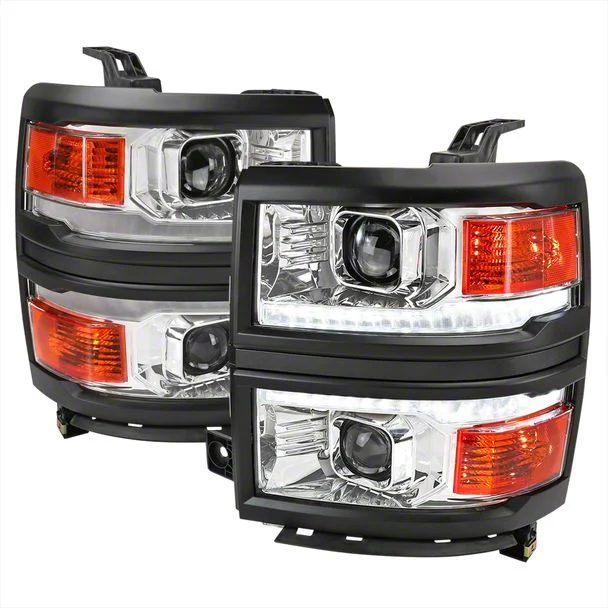 Switchback Sequential LED Bar Projector Headlights; Chrome Housing; Clear Lens; Black Trim (14-15 Silverado 1500)