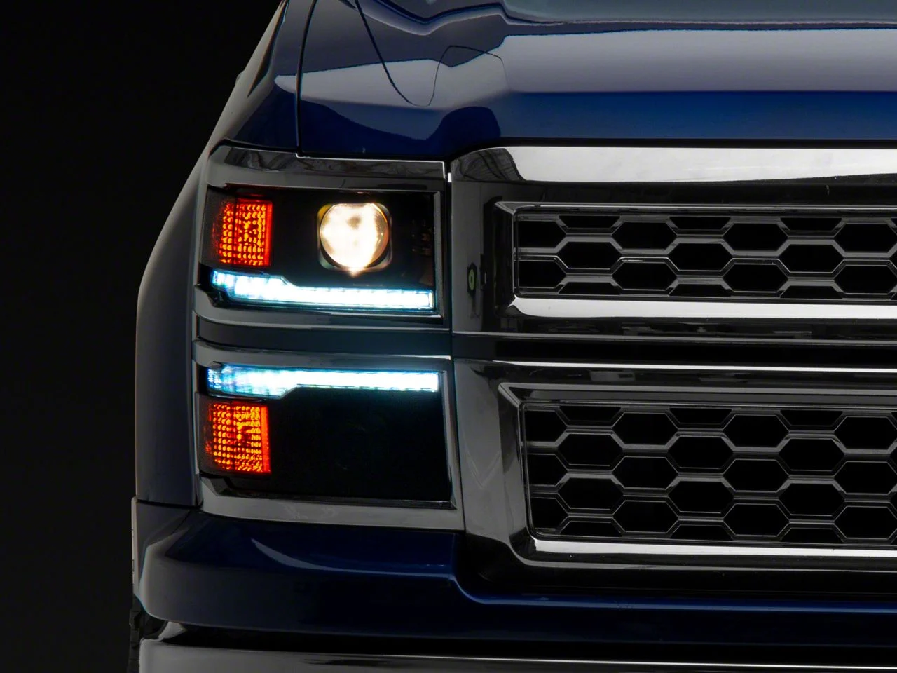 Switchback Sequential LED Bar Projector Headlights; Matte Black Housing; Smoked Lens; Chrome Trim (14-15 Silverado 1500)