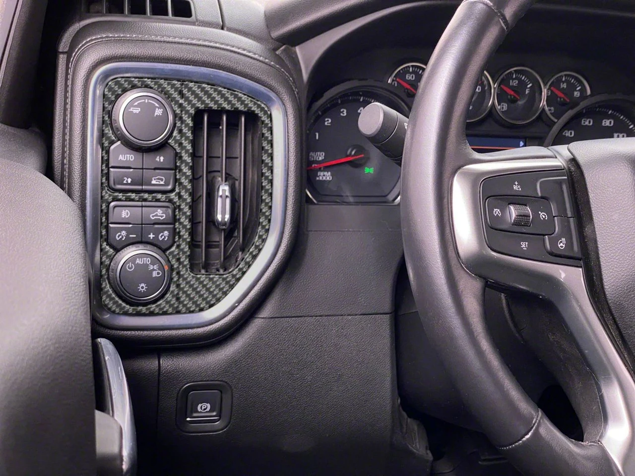 A/C Vent and Headlight Control Accent Trim; Domed Carbon Fiber (20-26 Silverado 3500 HD)