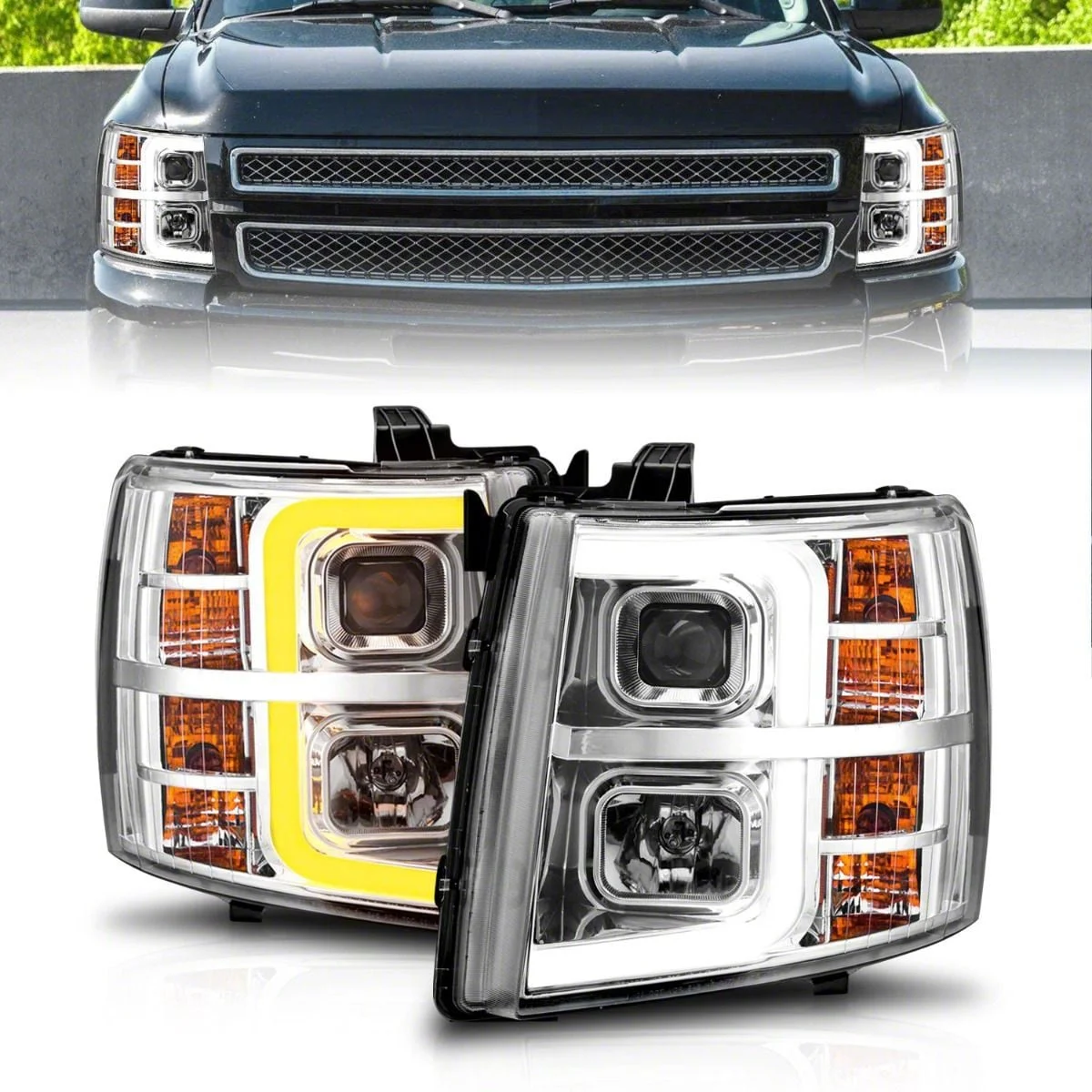 Sequential Light Bar Projector Headlights; Chrome Housing; Clear Lens (07-14 Silverado 3500 HD)