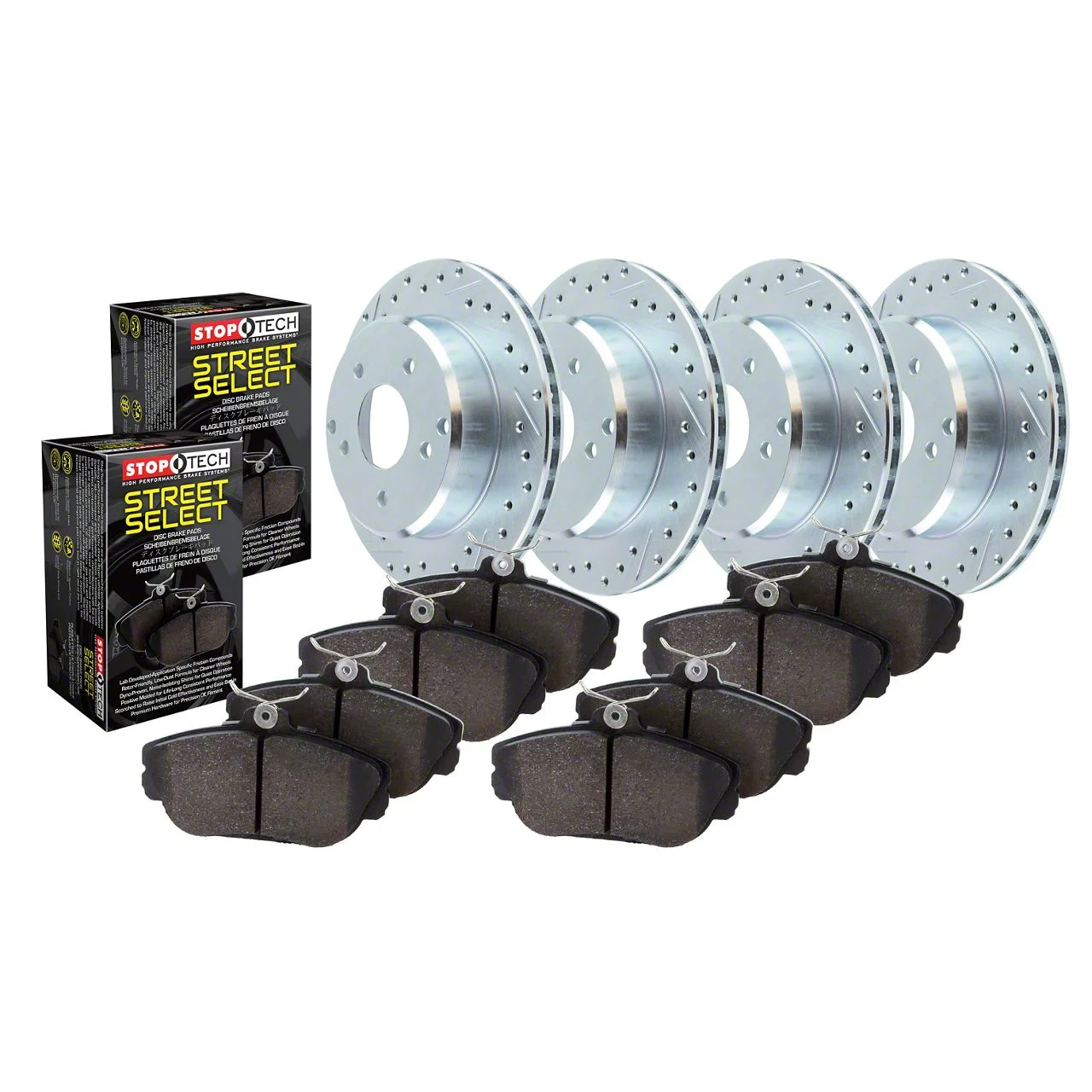 StopTech Sport Axle Drilled and Slotted 6-Lug Brake Rotor and Pad Kit; Front and Rear (10-11 F-150)