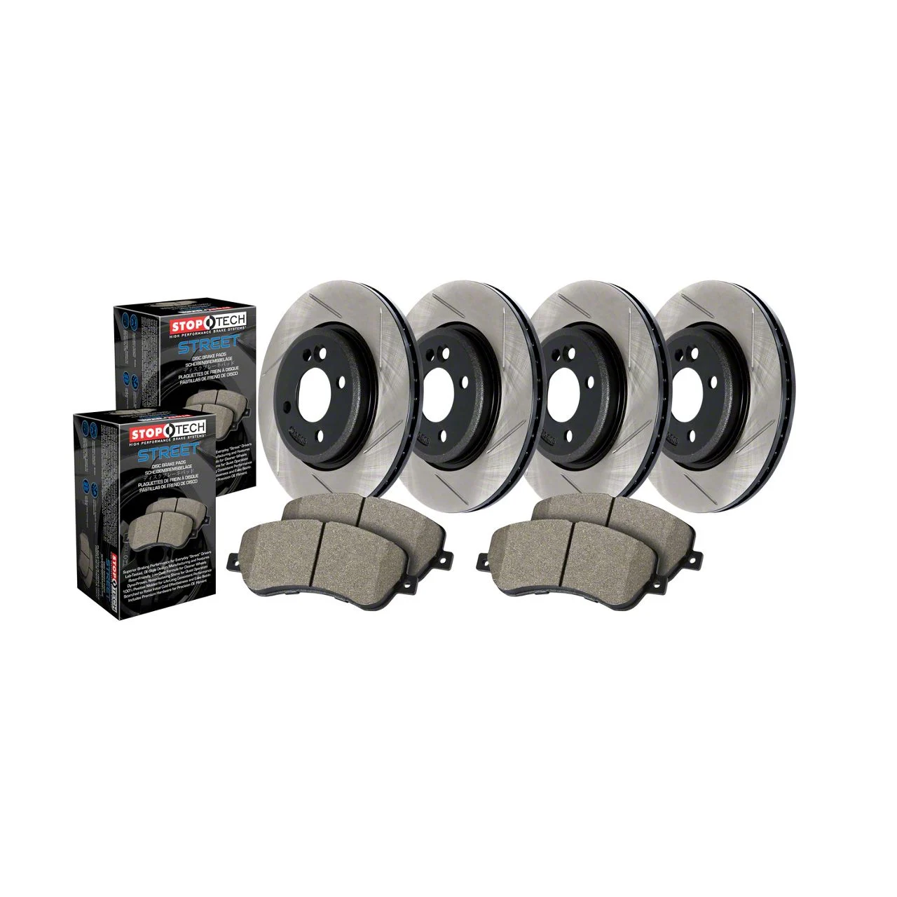 StopTech Street Axle Slotted 8-Lug Brake Rotor and Pad Kit; Front and Rear (12-22 4WD F-350 Super Duty SRW)