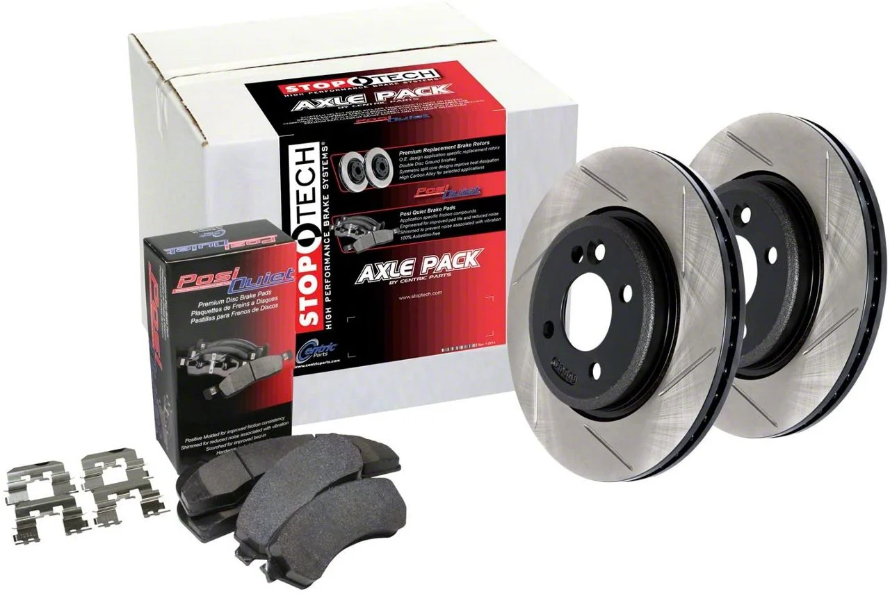 StopTech Street Axle Slotted 5-Lug Brake Rotor and Pad Kit; Front and Rear (06-18 RAM 1500, Excluding SRT-10 & Mega Cab)